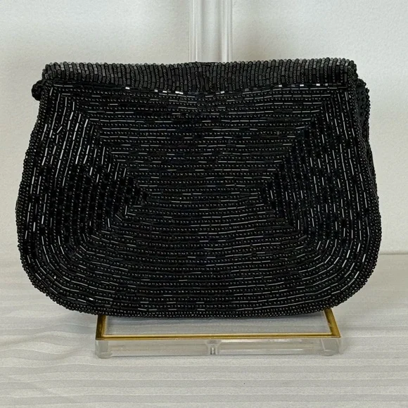 Sak’s Fifth Avenue Black Beaded Evening Bag Purse Clutch Magnetic Closure - Picture 4 of 11